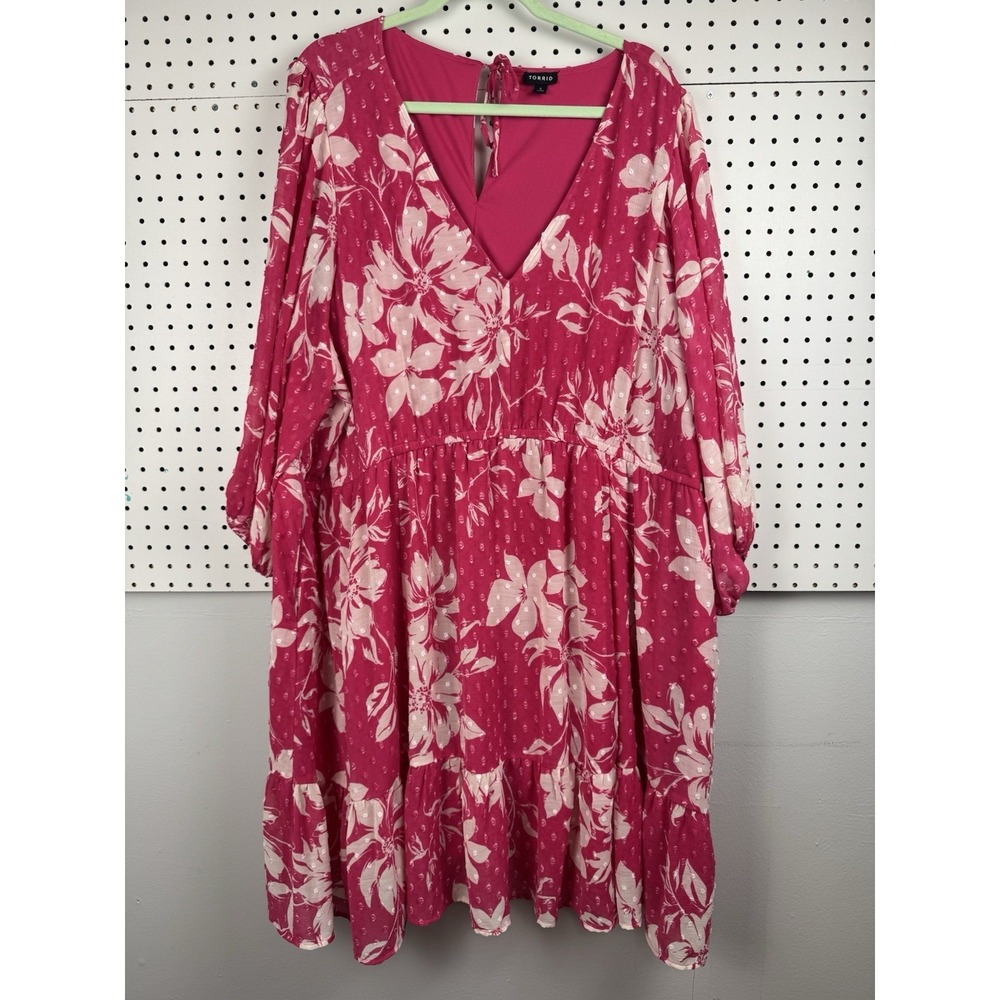 Torrid Chiffon Swiss Dot Knee Length Balloon Sleeve Floral Dress ruffle‎